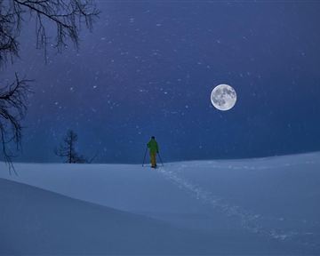 A skier stands in the snowy landscape under the full moon. The sky is dark blue and it is snowing lightly.
