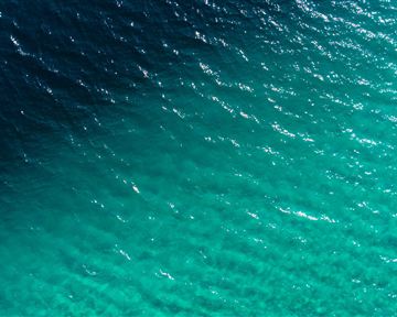 Ein klarer Ozean mit sanften Wellen. Die Wasseroberfläche schimmert in verschiedenen Grüntönen.