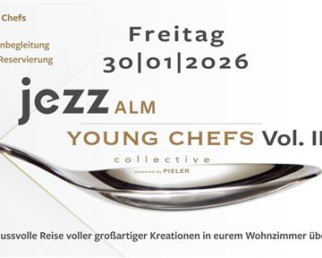 An elegant poster for a culinary event titled "Young Chefs Vol. II". It features details of a five-course menu offered by three young chefs on January 30, 2026.