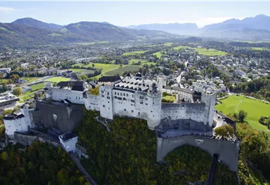 An impressive castle on a hill, surrounded by green meadows and mountains. The clear sky and picturesque landscape create an idyllic atmosphere.