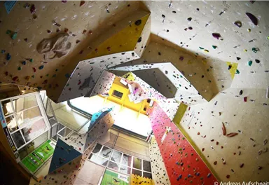 Eine Kletterhalle mit bunten Kletterwänden und vielen Griffen. Die Decke ist hoch und bietet verschiedene Routen für Kletterer.