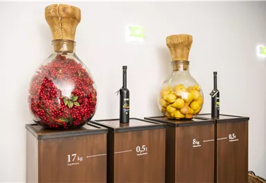 Drei große Glaskaraffen stehen auf Holzpodesten. Die Karaffen enthalten rote und gelbe Früchte sowie Flaschen mit Flüssigkeiten.