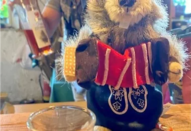 A funny decorative figure of a marmot in traditional clothing stands on a table. In the background, a person holds a bottle in their hand and is preparing to drink.