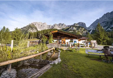 A picturesque alpine cabin with a beautiful garden and a view of impressive mountains. The surroundings are green and a calm stream flows by.