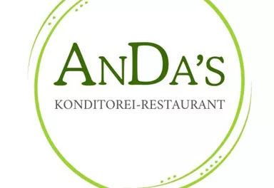 An elegant logo for a pastry restaurant named "Anda's". It has a green border and displays the name in stylish font.