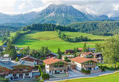 Eine malerische Landschaft mit charmanten Häusern und üppigen, grünen Wiesen. Im Hintergrund erhebt sich ein majestätischer Berg unter einem hellen Himmel.