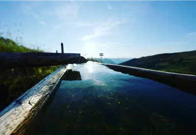 A tranquil watercourse in nature, surrounded by green meadows and mountains. The sky is blue with light clouds.