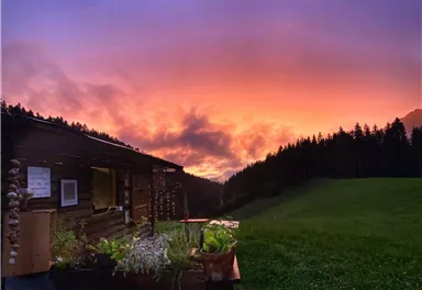 A picturesque cabin in nature at sunset. The sky glows in warm colors over the green meadows and forests.