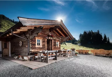 A rustic wooden cabin in a picturesque mountain landscape. The sky is clear and the sun is shining, while the terrace looks inviting.