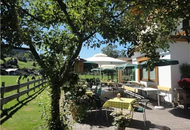 An inviting outdoor area with tables and chairs under trees. In the background, there is a lawn and a shady sun sail.