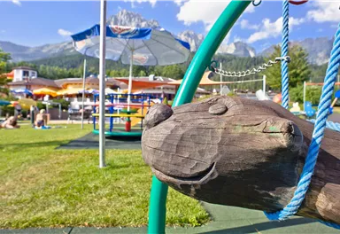 A funny wooden playground with an animal-shaped swing. In the background, you can see the mountains and colorful play equipment.
