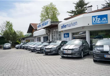 A row of cars with striped design is parked in front of a building with large signs. In the background, trees and a clear sky are visible.