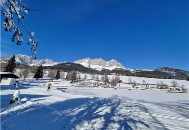 Eine wunderschöne Winterlandschaft mit schneebedeckten Feldern und majestätischen Bergen im Hintergrund. Der Himmel ist klar und blau.