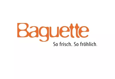 Ein einfaches Logo für eine Bäckerei mit dem Namen "Baguette". Der Slogan lautet: "So frisch. So fröhlich."