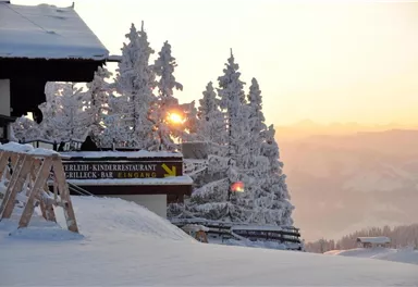 A snowy mountain panorama with tall, snow-covered fir trees. The sun rises on the horizon and bathes the scene in warm light.