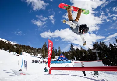 Ein Snowboarder führt einen Trick in der Luft aus. Im Hintergrund sind schneebedeckte Berge und Zuschauer zu sehen.