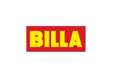 A simple logo featuring the inscription "BILLA" in yellow text on a red background. The design is clear and striking.