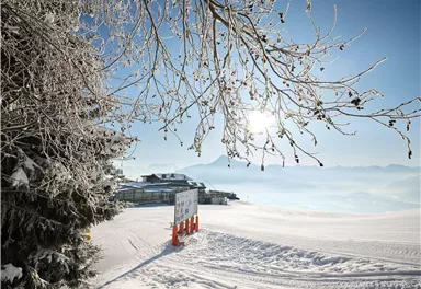 A winter landscape with a snow-covered ground and a bright blue sky. In the background, snow-covered mountains and a local building are visible.