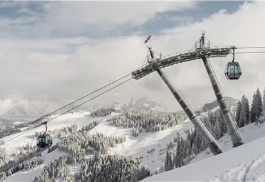 A gondola lift in the snowy mountains. The landscape is characterized by snow-covered trees and a cloudy sky.