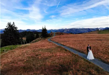 A bride and groom are standing on a path in an expansive, wooded landscape. The mountains are visible in the background, and the sky is blue with a few clouds.