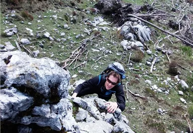 A climber climbing a rocky slope. In the background, green meadows and scattered stones can be seen.