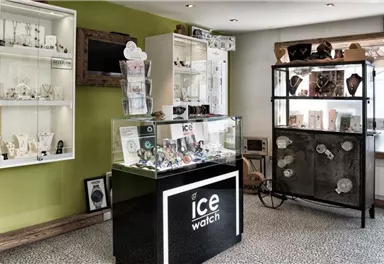 A modern store with jewelry and watches. The walls are painted green, and the display showcases a variety of accessories.