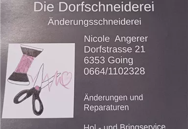 Eine Anzeige für eine Änderungsschneiderei mit dem Namen "Die Dorfschneiderei". Sie enthält die Kontaktdaten und Dienstleistungen wie Änderungen und Reparaturen.