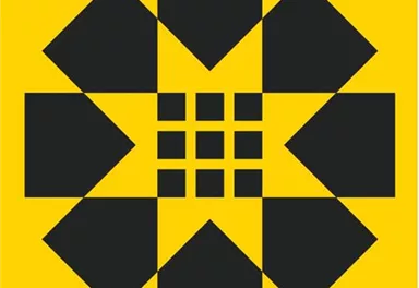 Ein grafisches Design mit geometrischen Formen in Schwarz auf gelbem Hintergrund. Die Anordnung erinnert an eine stilisierte Blume oder ein Mandala.