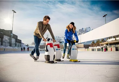 Ein Mann und eine Frau gleiten auf einer Eisbahn und benutzen lustige Eishockey-Pinguine zum Halten. Im Hintergrund sind andere Schlittschuhläufer und schneebedeckte Berge zu sehen.