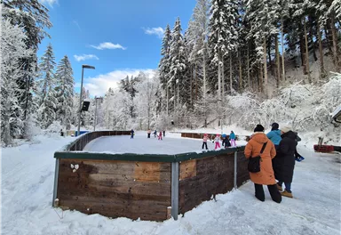 Eine idyllische Eislaufbahn umgeben von schneebedeckten Bäumen. Menschen genießen das Eislaufen im Winterwunderland.