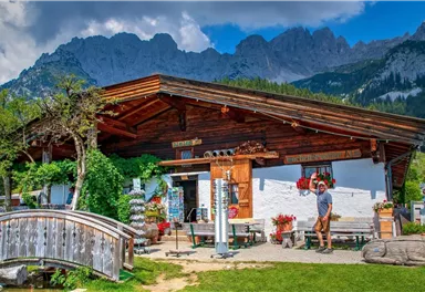 A picturesque mountain cabin with a wooden structure and blooming flowers in the foreground. In the background, majestic mountains and a clear sky can be seen.