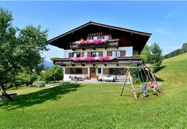 Ein schönes Alpenhaus mit bunten Blumen an den Fenstern. Im Vordergrund eine große Wiese und ein Spielplatz mit einer Schaukel.