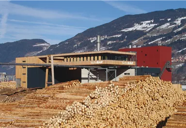Ein modernes Gebäude neben gestapeltem Holz in einer bergigen Landschaft. Im Hintergrund sind schneebedeckte Berge und ein klarer Himmel zu sehen.