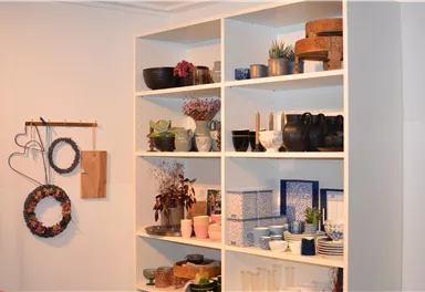 Eine moderne Regalwand mit verschiedenen dekorativen Gegenständen und Pflanzen. Die Regale sind ordentlich organisiert und bieten eine angenehme Atmosphäre.