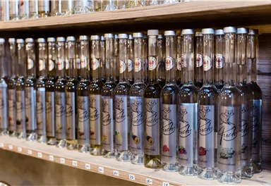 A shelf full of bottles with spirits, carefully arranged. Each bottle has a unique label and displays different flavors.