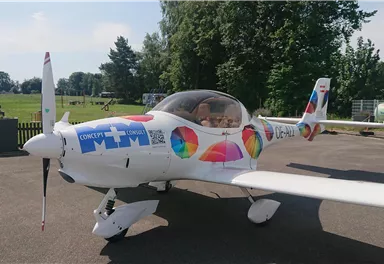 A colorfully decorated airplane is on a parking lot. In the background, trees and a green meadow can be seen.
