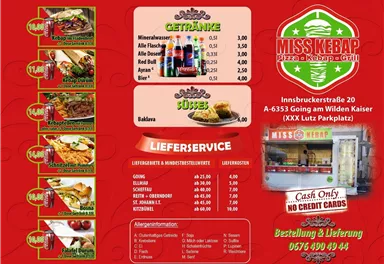 A menu from Miss Kebap featuring offers for kebabs, pizzas, and drinks. There is also information on the delivery service and contact options.