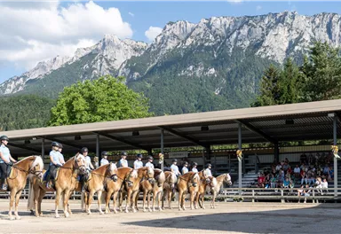 Eine Gruppe von Reitern auf Pferden steht in einer Arena, umgeben von beeindruckenden Bergen. Das Wetter ist schön und die Zuschauer sitzen auf den Sitzplätzen.