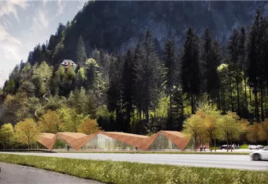 A modern architecture set against a mountain backdrop, surrounded by trees and colorful plants. The landscape is fluid and harmoniously connected to nature.