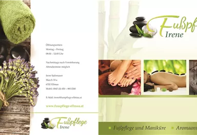 A relaxing pedicure advertising brochure featuring natural elements such as towels, lavender, and stones. The designs convey a sense of wellness and relaxation.