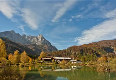 Eine malerische Landschaft mit Bergen im Hintergrund und einem ruhigen See. Bunte Herbstbäume umgeben die Szene und reflektieren im Wasser.