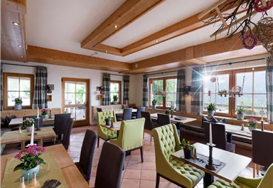 Ein gemütliches Restaurant mit Holzelementen und großen Fenstern. Die Tische sind mit Pflanzen dekoriert und bieten Sitzmöglichkeiten in verschiedenen Farben.