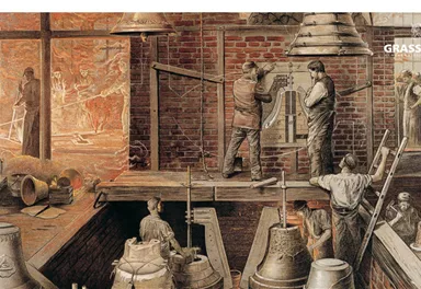 A historical workshop showcases craftsmen working on large bells. In the background, various tools and materials can be seen.