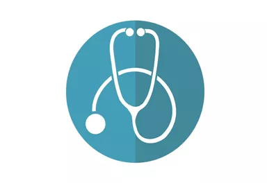 A stylized stethoscope on a turquoise background. Symbol for medical health and care.