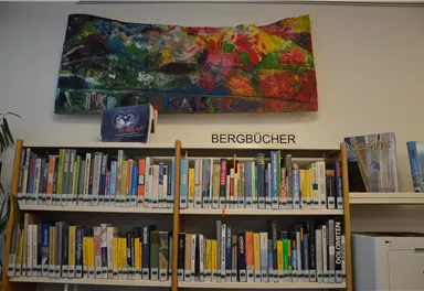 Ein Bücherregal mit vielen Titeln zu Bergthemen. Über dem Regal hängt ein farbenfrohes Gemälde.