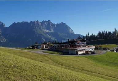 Eine malerische Berglandschaft mit majestätischen Bergen und einem klaren blauen Himmel. Im Vordergrund befindet sich ein gemütliches Restaurant auf einer Wiese.