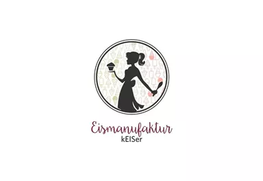 A stylized silhouette of a woman holding an ice cream and a drink. Below is the text "Eismanufaktur kEISer" in elegant lettering.