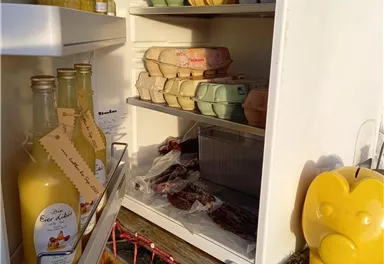 An open refrigerator with various eggs, drinks, and snacks. In the foreground is a yellow piggy bank and some decorative elements are visible.
