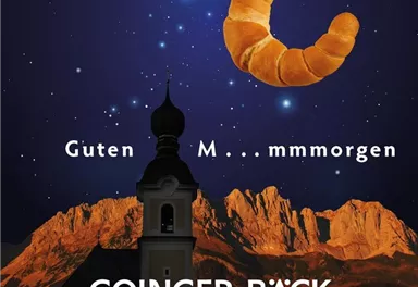 A night landscape with a glowing background and a beautiful mountain range. A croissant floats above the scene, accompanied by the text "Good M... mmorning."