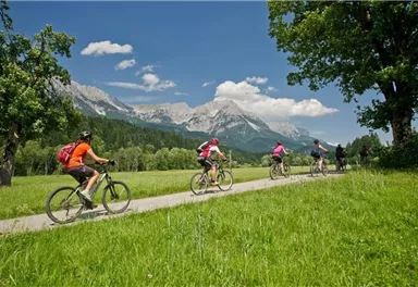 Eine Gruppe von Radfahrern fährt auf einem Weg durch eine grüne Landschaft. Im Hintergrund sind majestätische Berge und ein blauer Himmel mit einigen Wolken zu sehen.